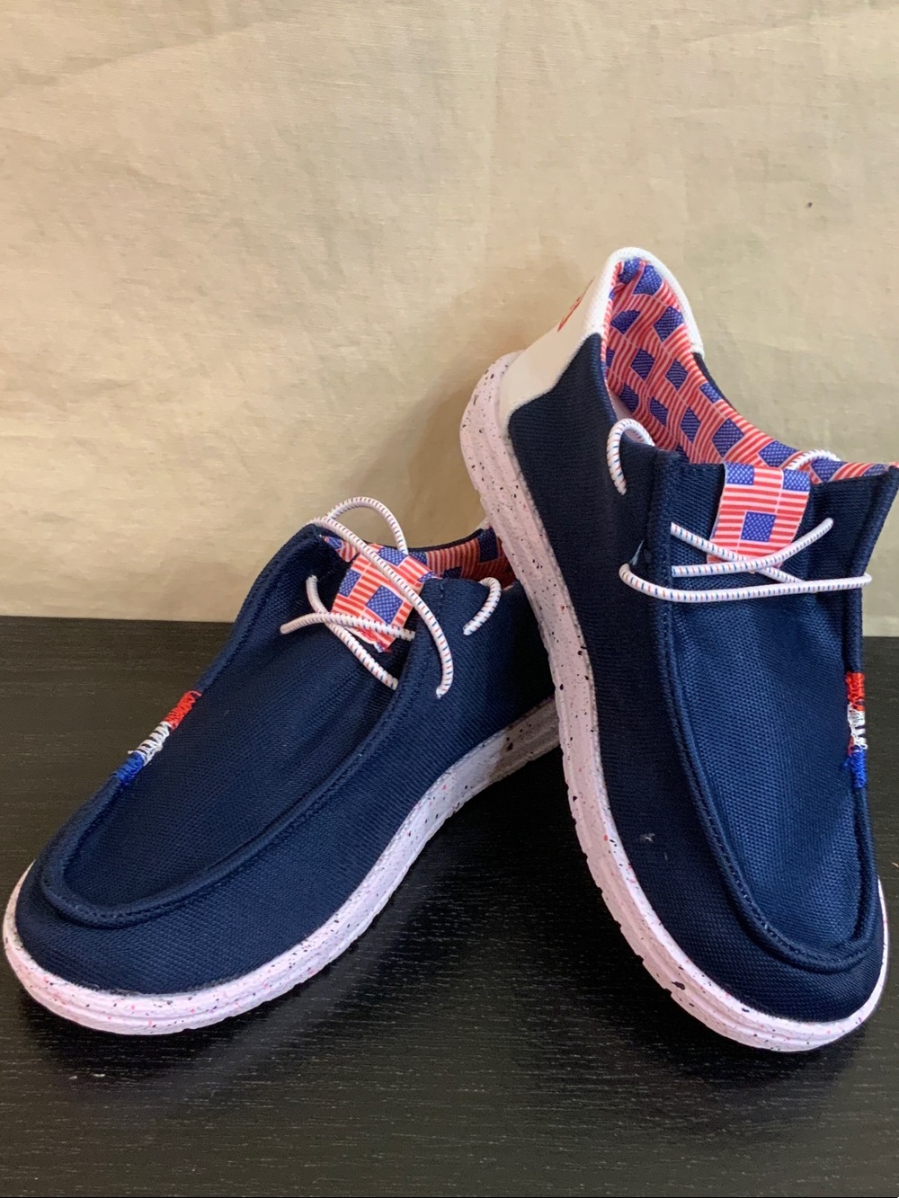 Hey Dude Navy Slip-On Loafers with American Flag accent Lining